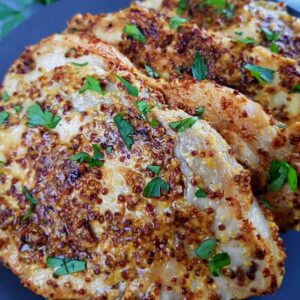 close up of honey mustard glazed pork chops.