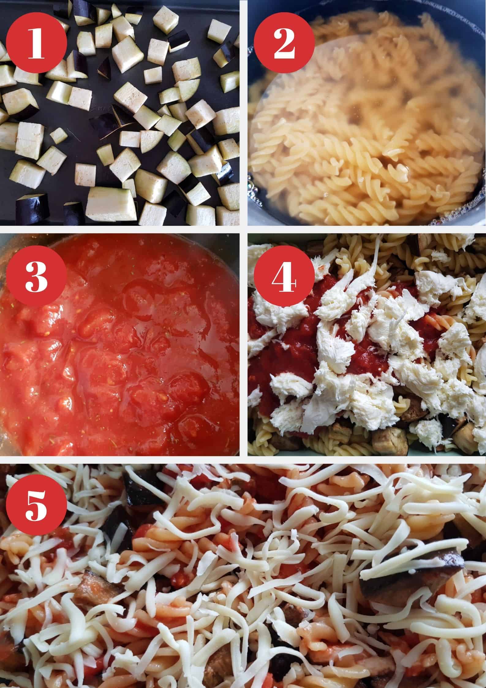 Infographic showing how to make eggplant and mozzarella pasta bake.