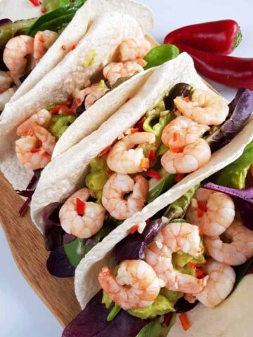 shrimp tacos with lime and chili.