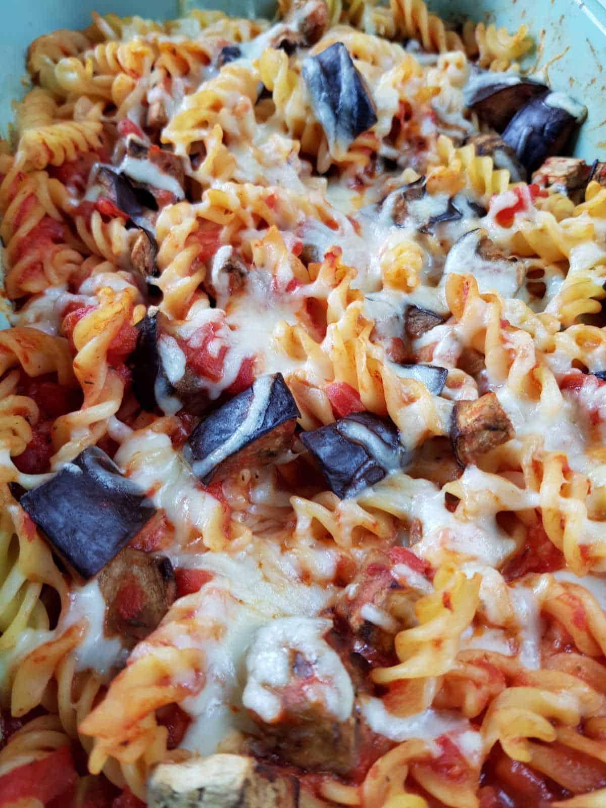 Mozzarella and eggplant pasta bake close up.