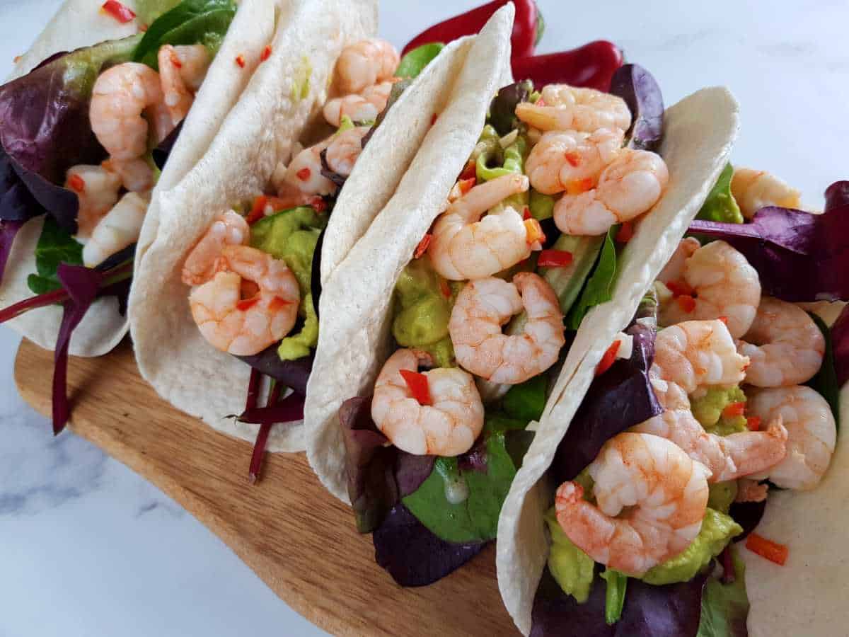 Tacos with lime and chili shrimp.