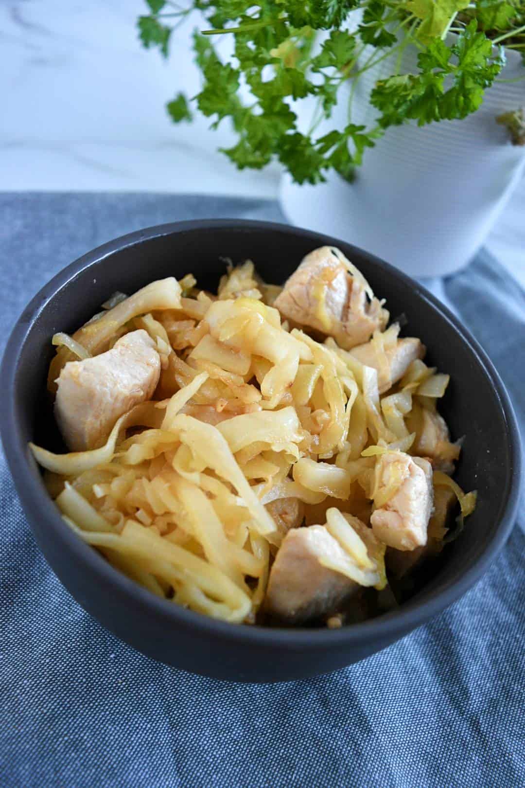 Cabbage and chicken stir fry in a bowl with fresh herbs in the background.