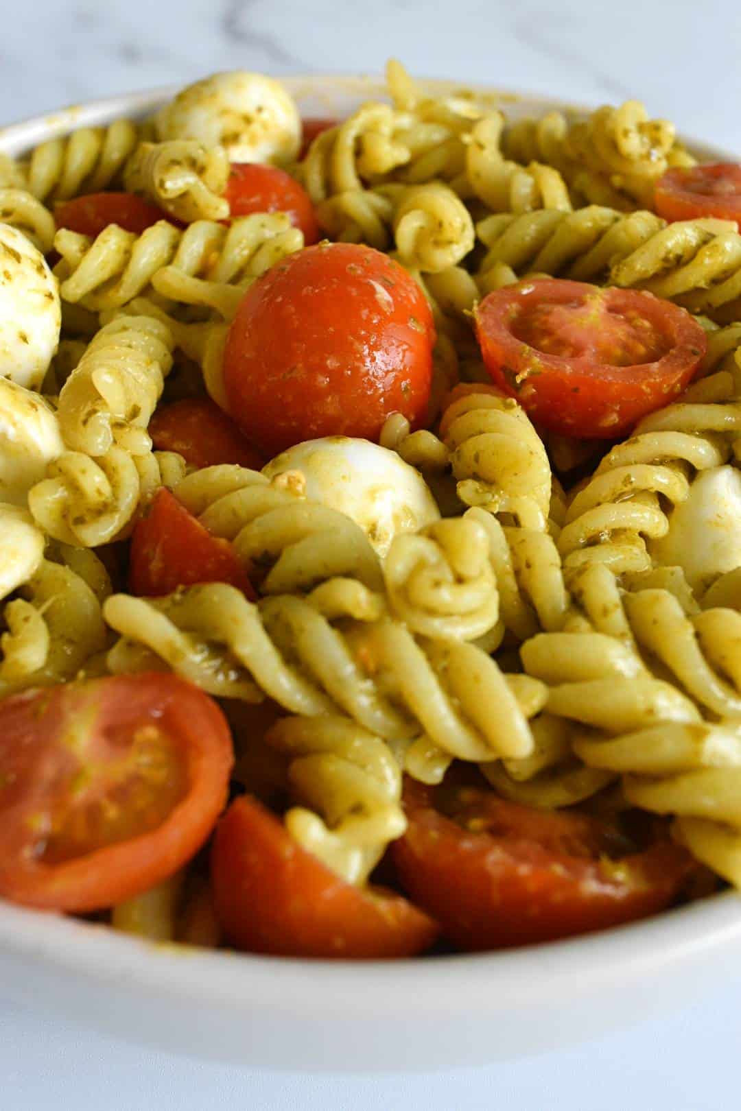 Caprese pasta salad in a bowl.