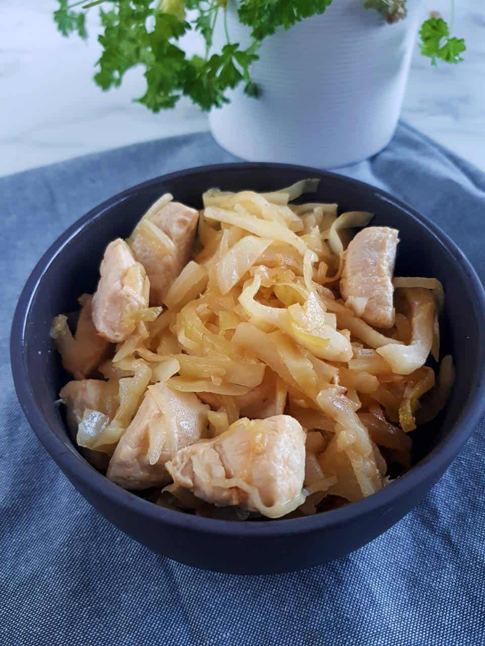 Chicken and cabbage stir fry in a bowl with fresh herbs in the background.