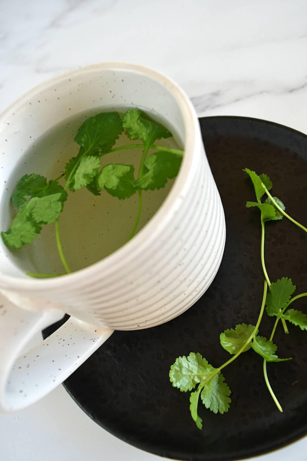 Cilantro tea in a cup with fresh cilantro on the side.