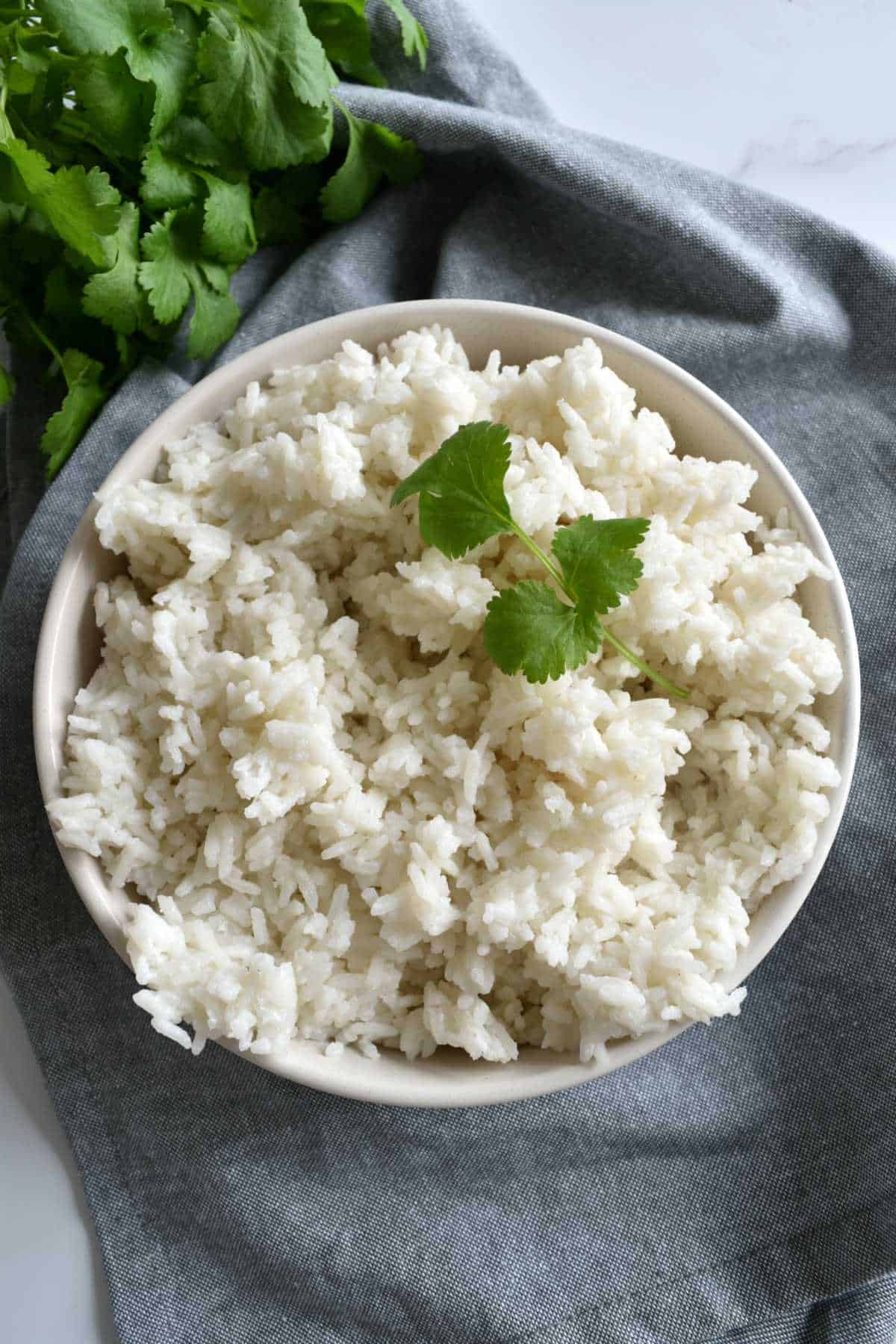 Thai coconut rice in a bowl with fresh herbs in the background.