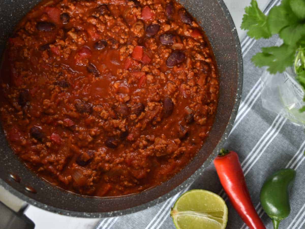 Cooked turkey chili in a pot.