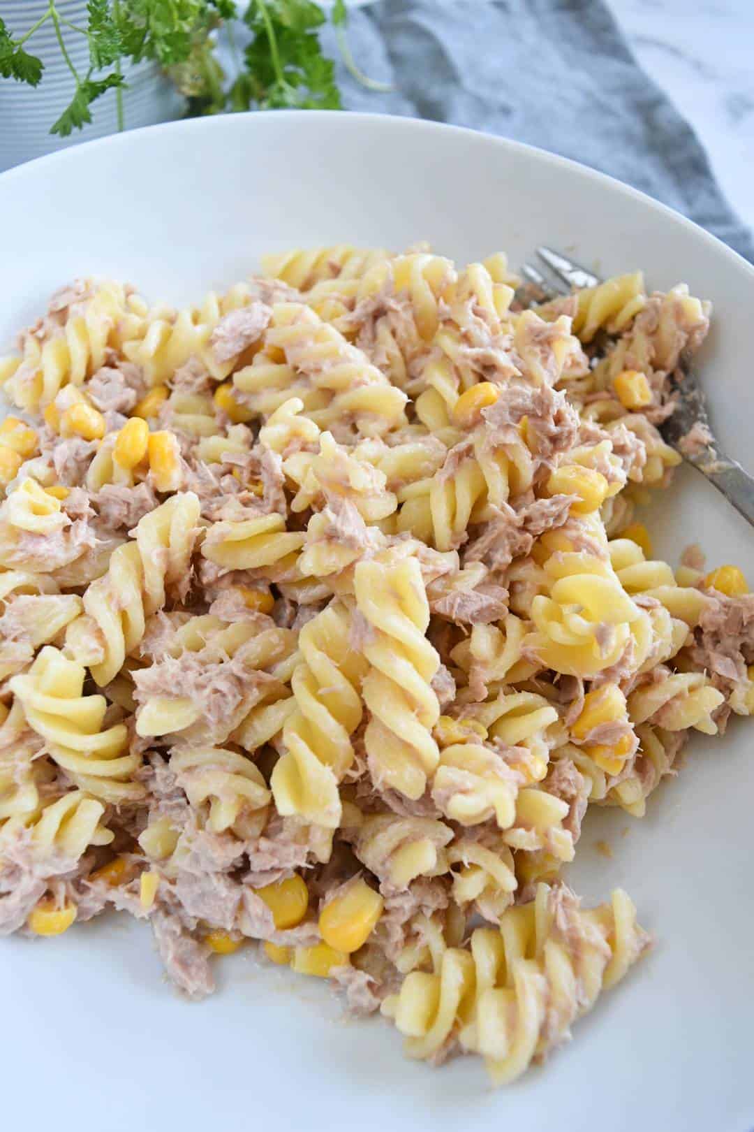 Pasta salad with tuna in a bowl.