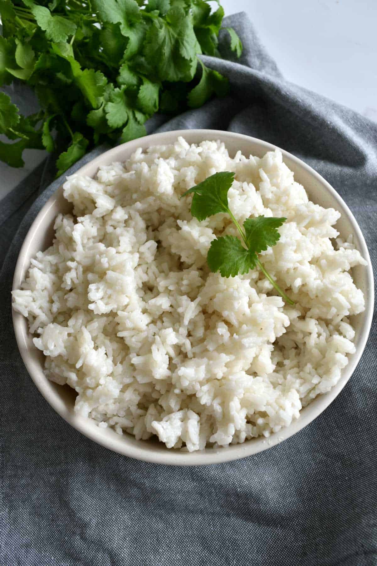 Thai coconut rice in a bowl with fresh herbs in the background.