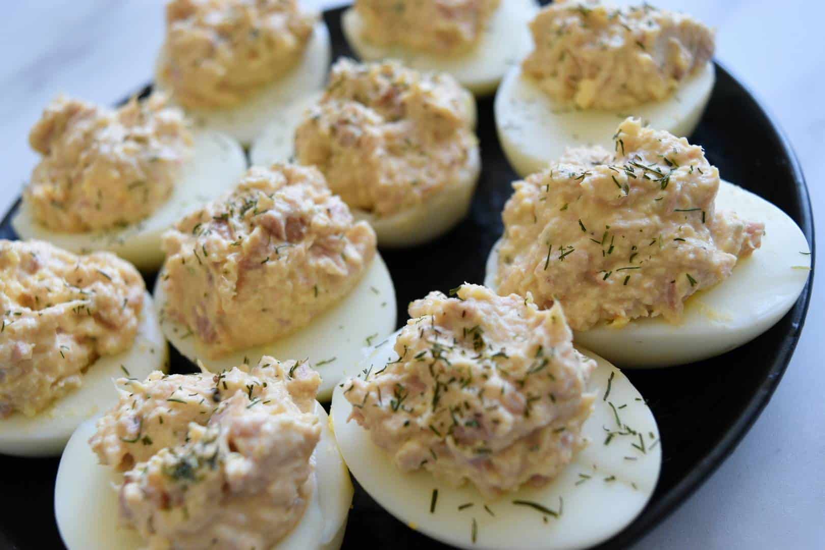 Deviled eggs with tuna plated.