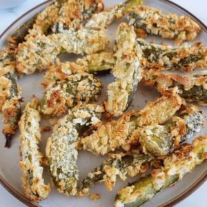 Air fryer pickles on a gray plate