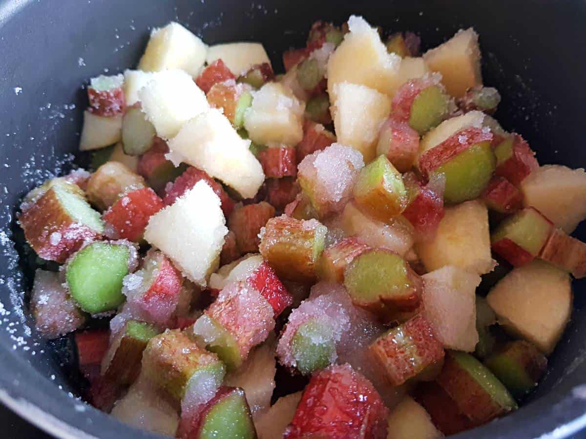 Apples, rhubarb and sugar in a pot.