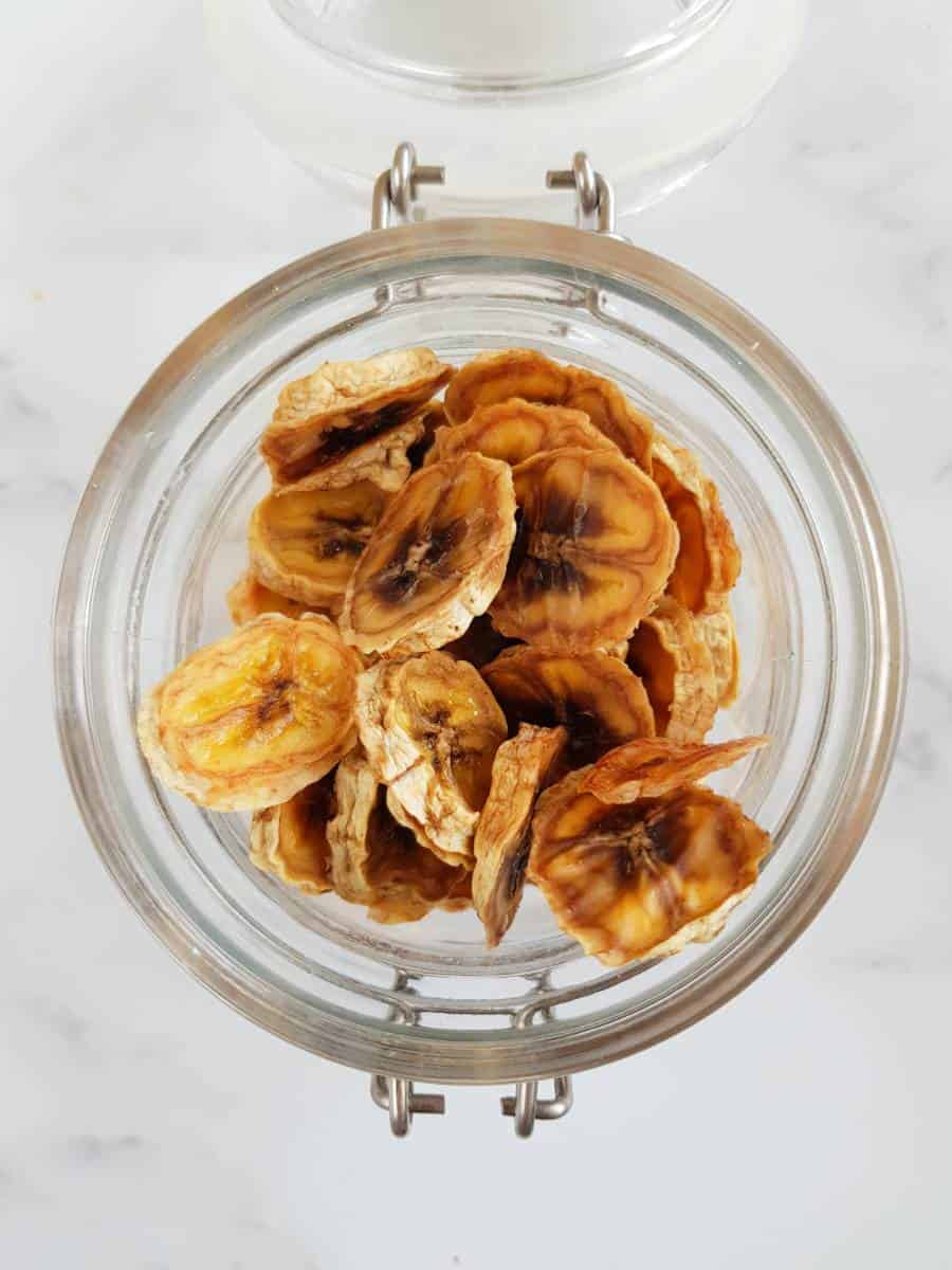 Dried banana chips in a jar.