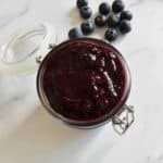 Blueberry chia jam in a jar.