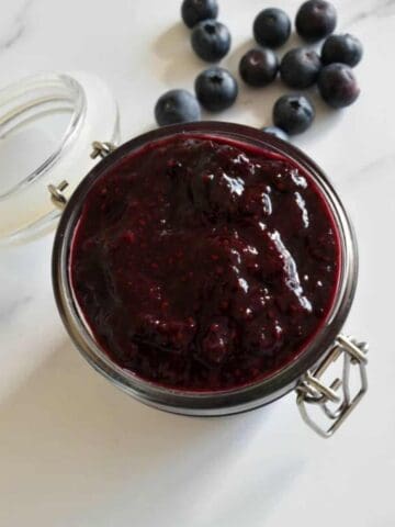 Blueberry chia jam in a jar.