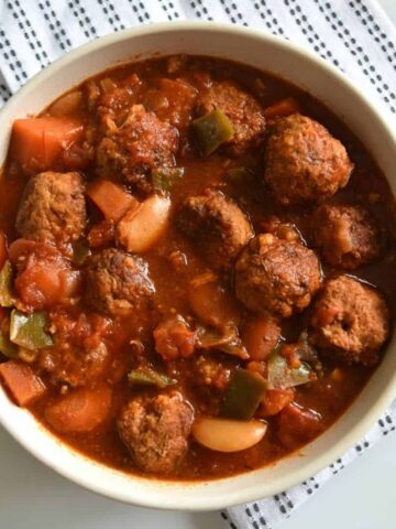 Crockpot meatball stew in a bowl.