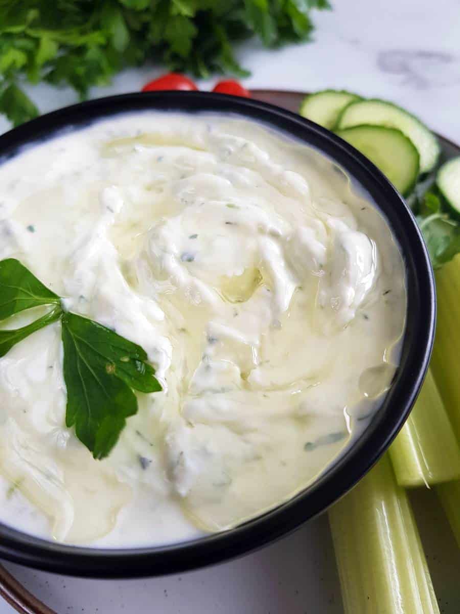 Greek cucumber yogurt dip in a bowl.