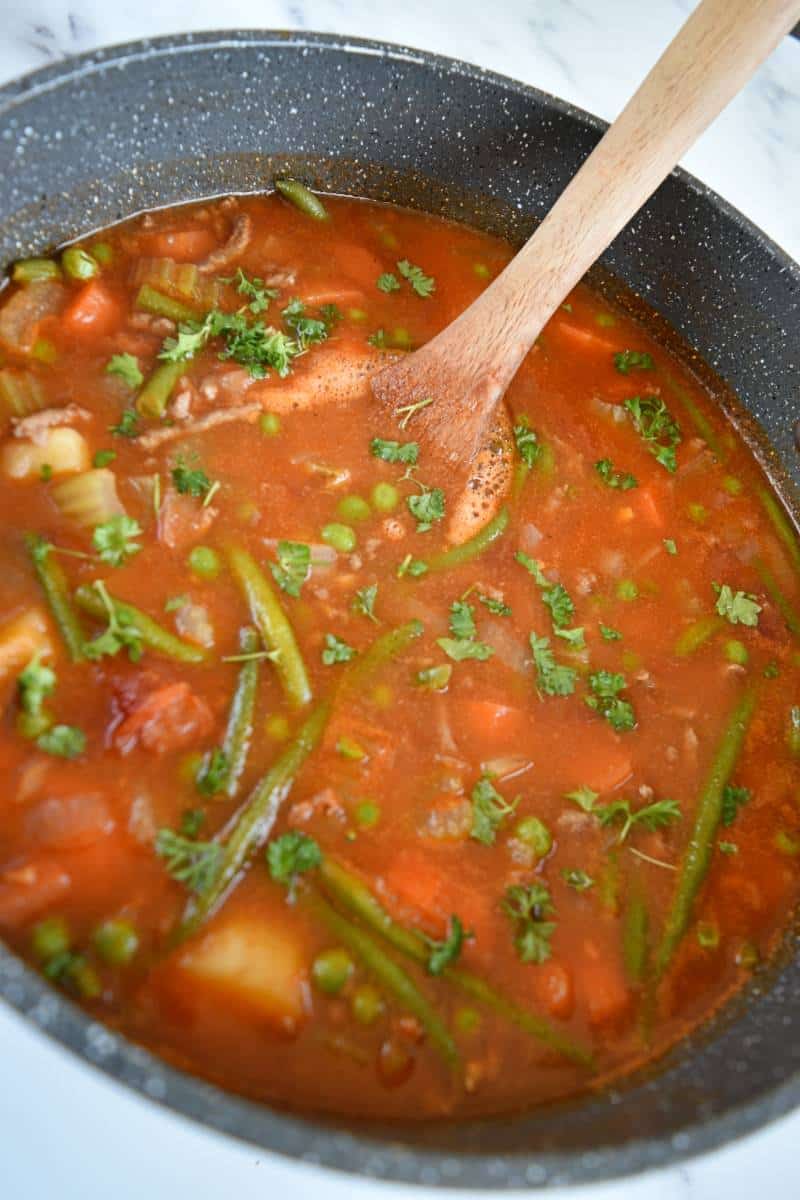 Hamburger soup in a pot.