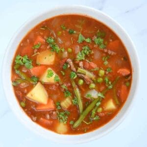 Hamburger soup in a bowl.