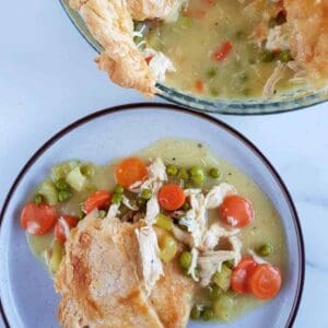 Healthy dairy free chicken pot pie on a plate.