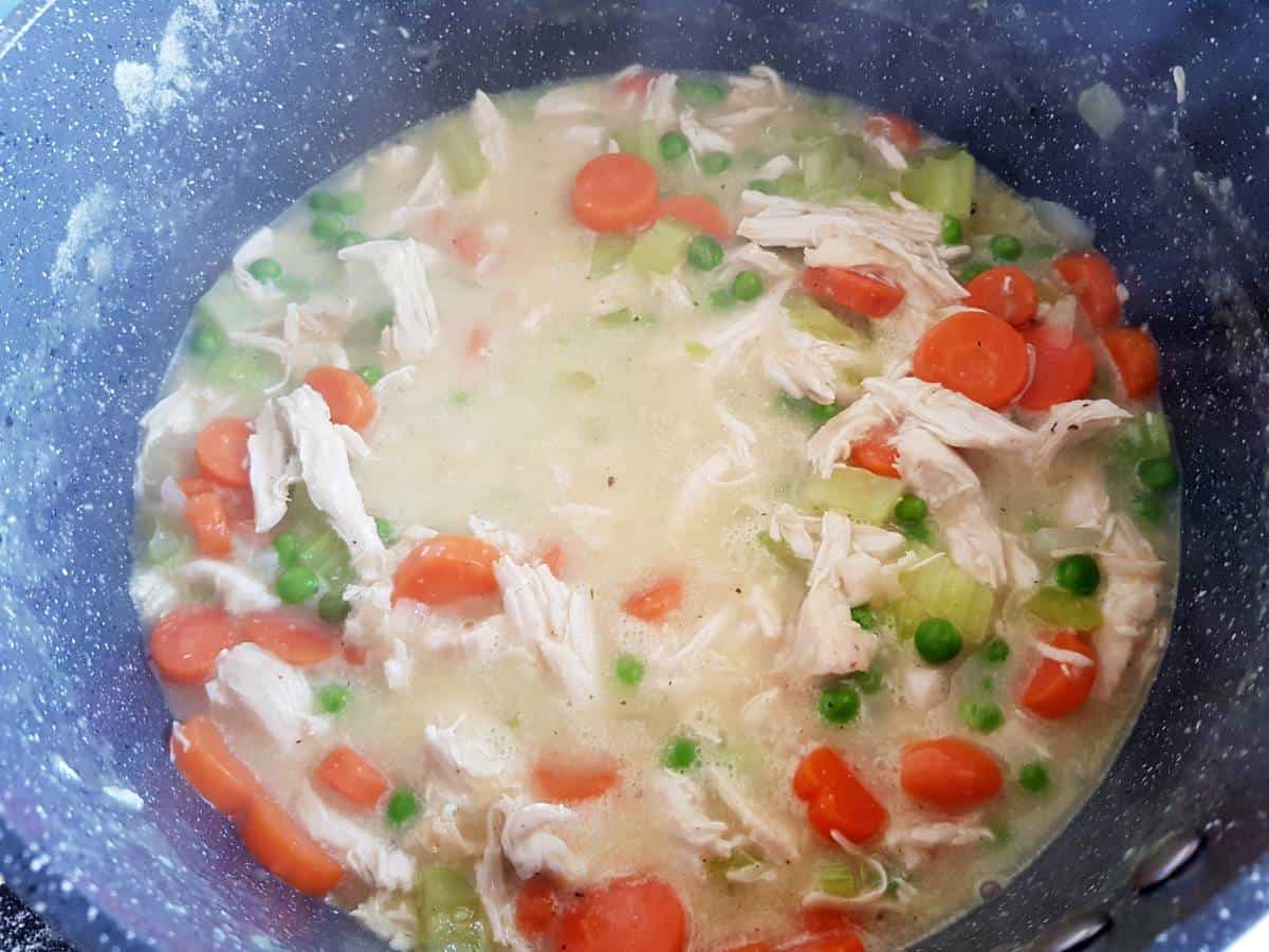 Making pot pie filling in a pot.