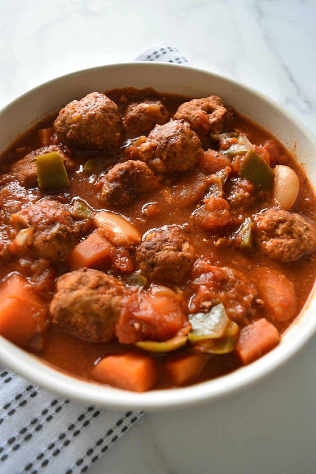 Meatball stew in a bowl.