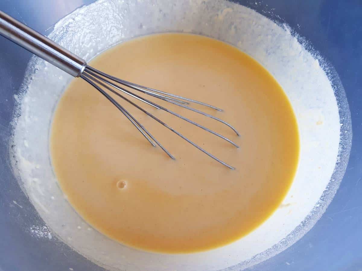 Pancake batter in a mixing bowl.