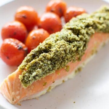 Pesto Crusted Salmon on a plate.