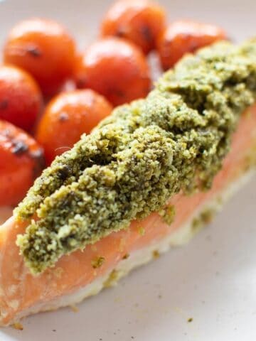 Pesto Crusted Salmon on a plate.