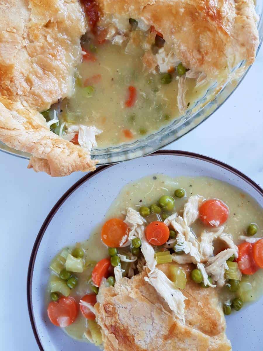 Pot pie with chicken on a plate.