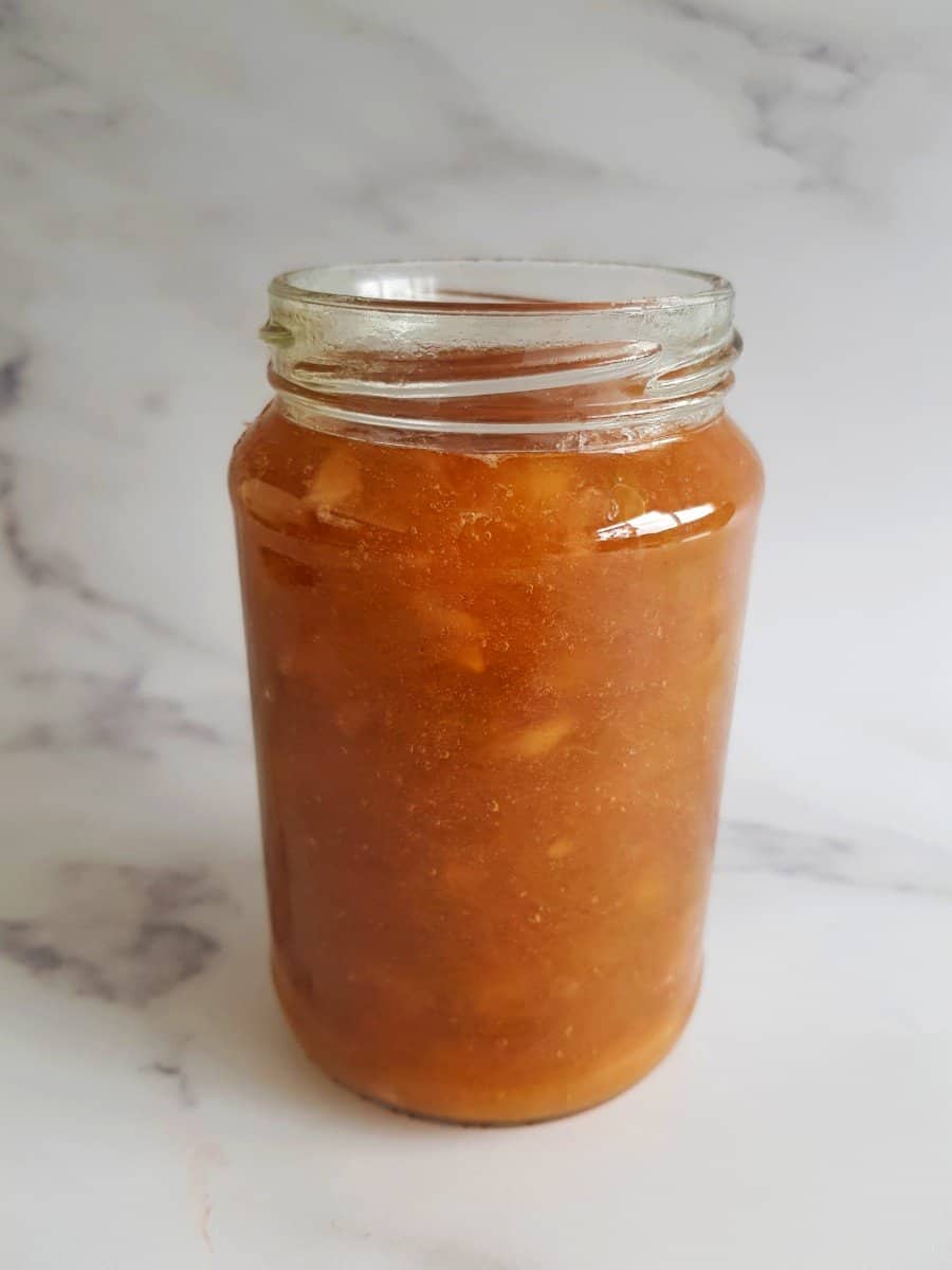 Rhubarb and apple jam in a jar.