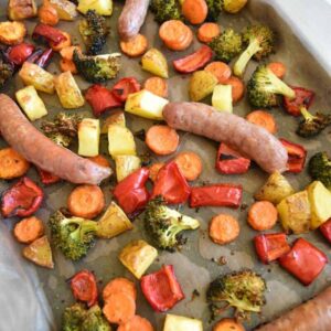 Sheetpan vegetables and sausages.