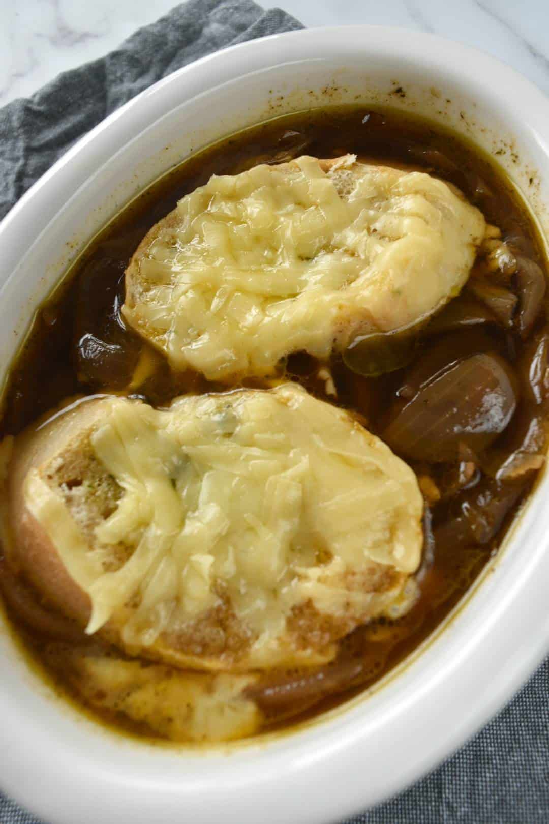 French onio soup in a bowl.