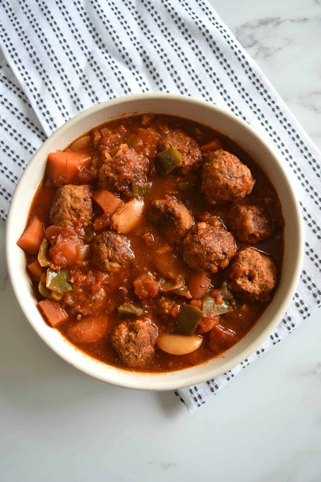 Meatball stew in a bowl.