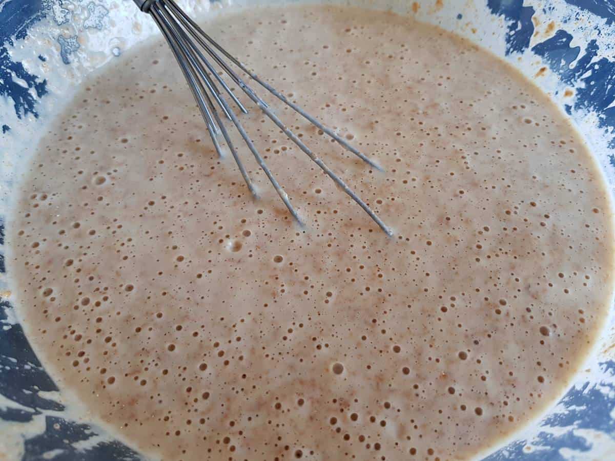 Waffle batter in a bowl.