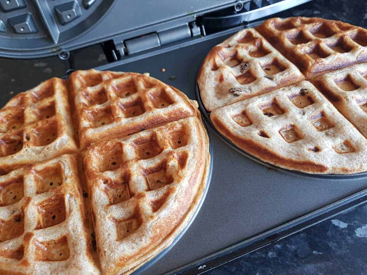 Waffles in a waffle maker.