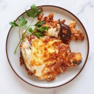 Greek vegetarian moussaka with lentils.