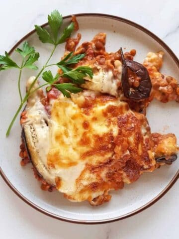 Greek vegetarian moussaka with lentils.