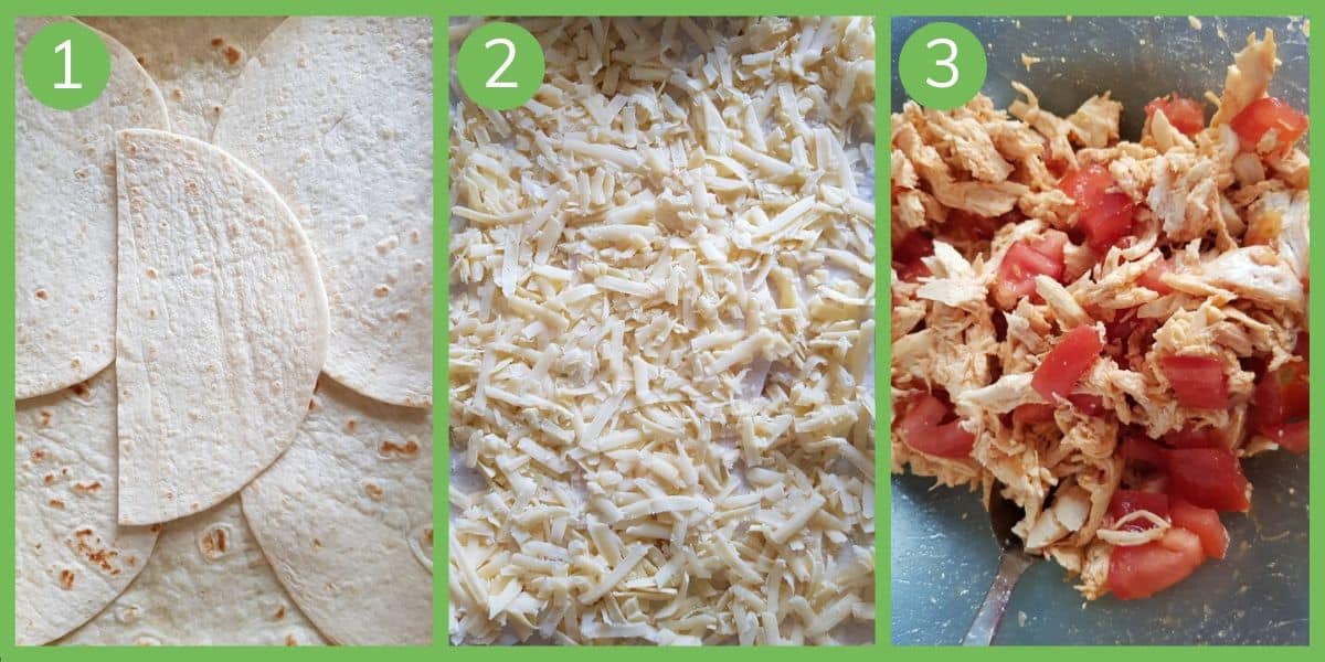 Illustration of first 3 steps towards making sheet pan buffalo chicken quesadillas.