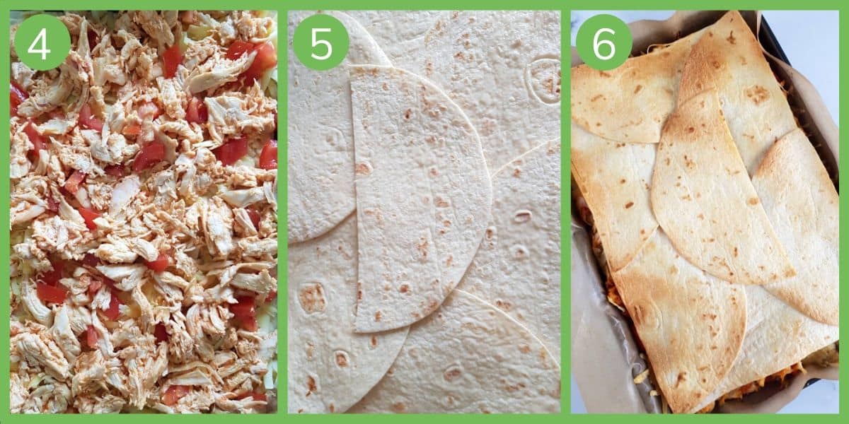 Illustration of last 3 steps towards making sheet pan buffalo chicken quesadillas.