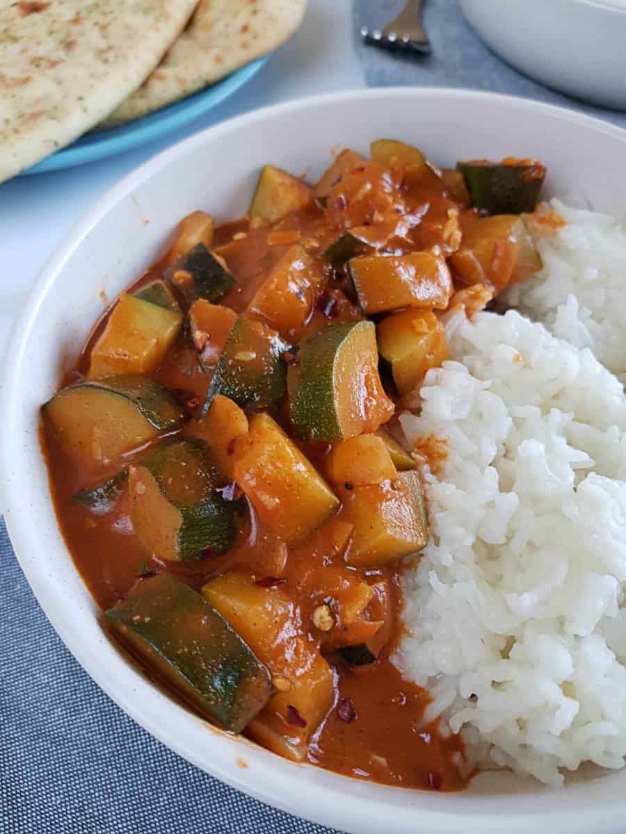 Indian zucchini curry with rice.