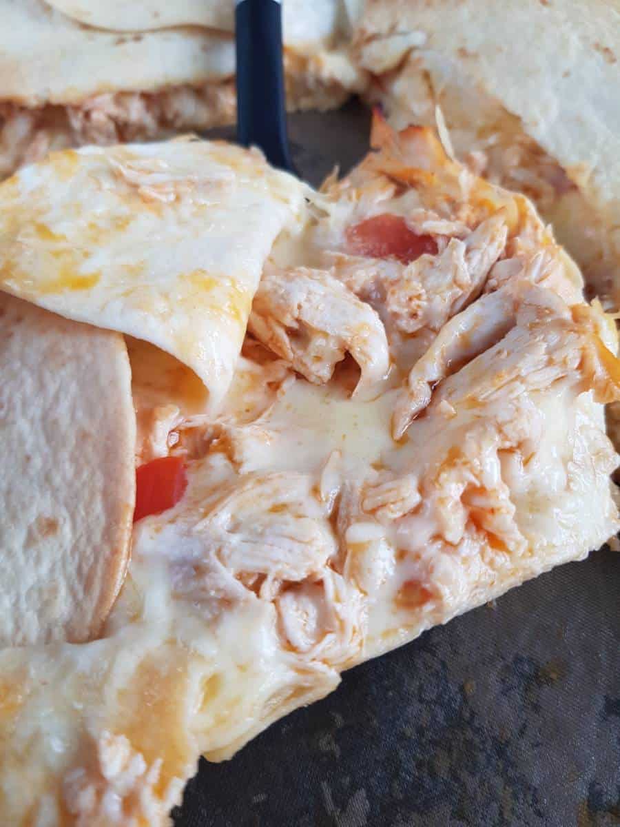 Sheet pan buffalo chicken quesadillas opened up.