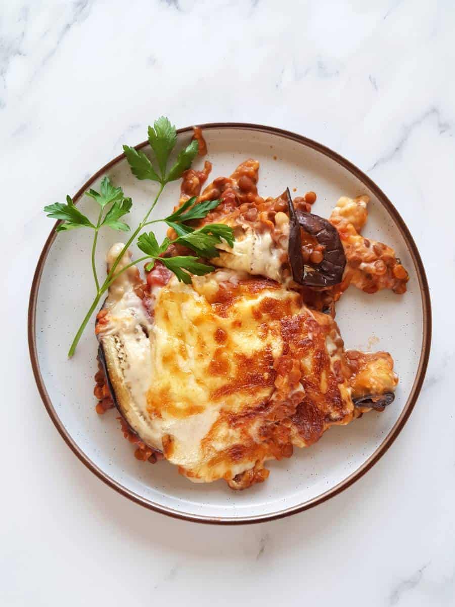 Lentil moussaka on a plate.