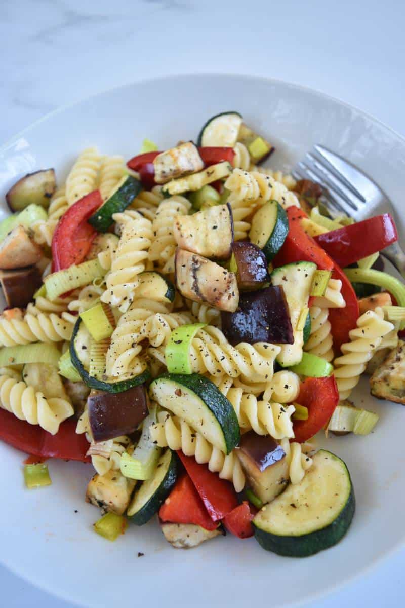 Pasta with roasted vegetables.