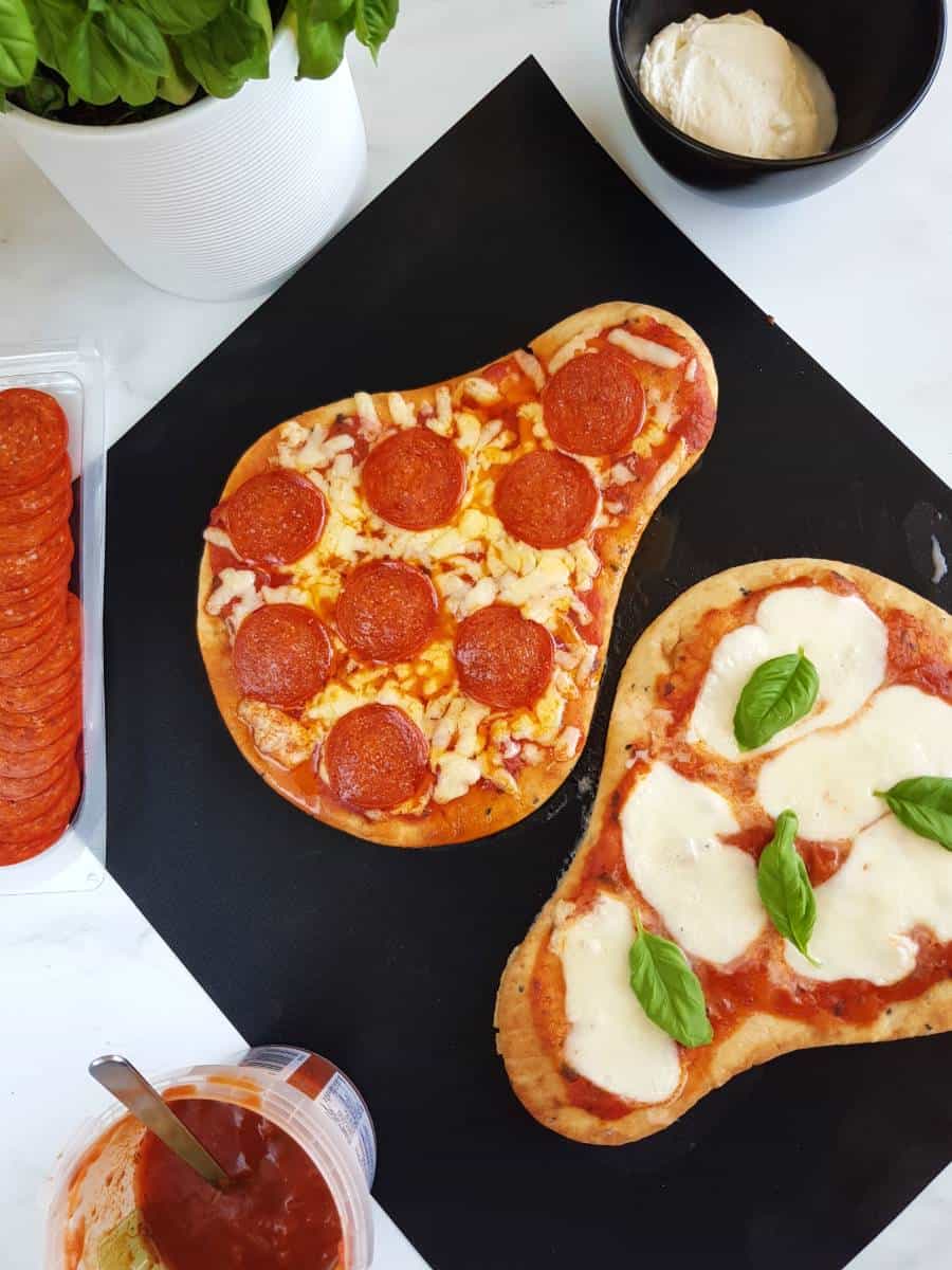 Pepperoni and margherita naan pizza.