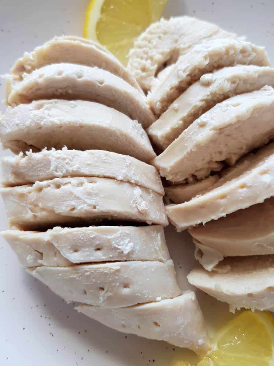 Poached chicken breasts.