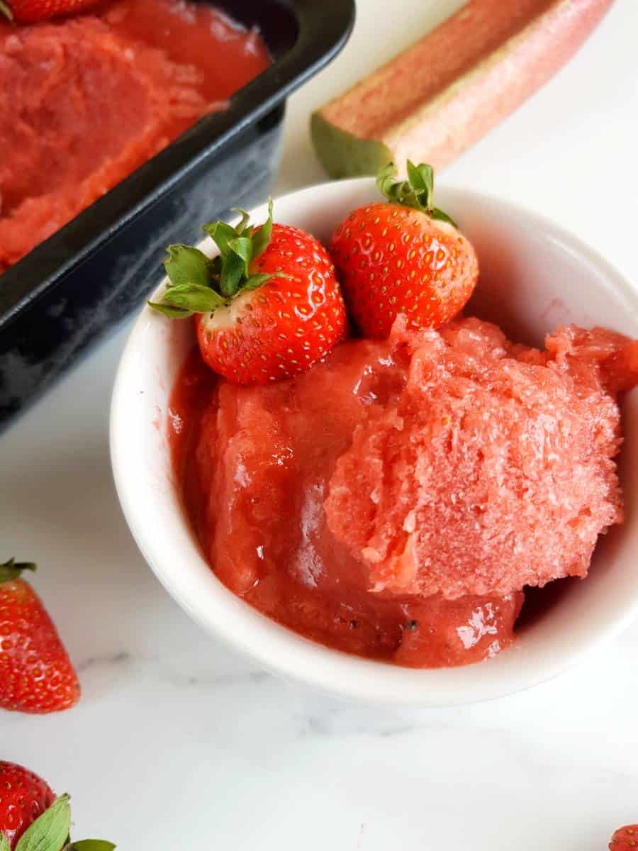 Rhubarb strawberry sorbet in a bowl.