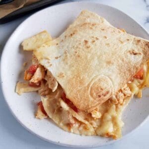 Sheet pan buffalo chicken quesadillas.