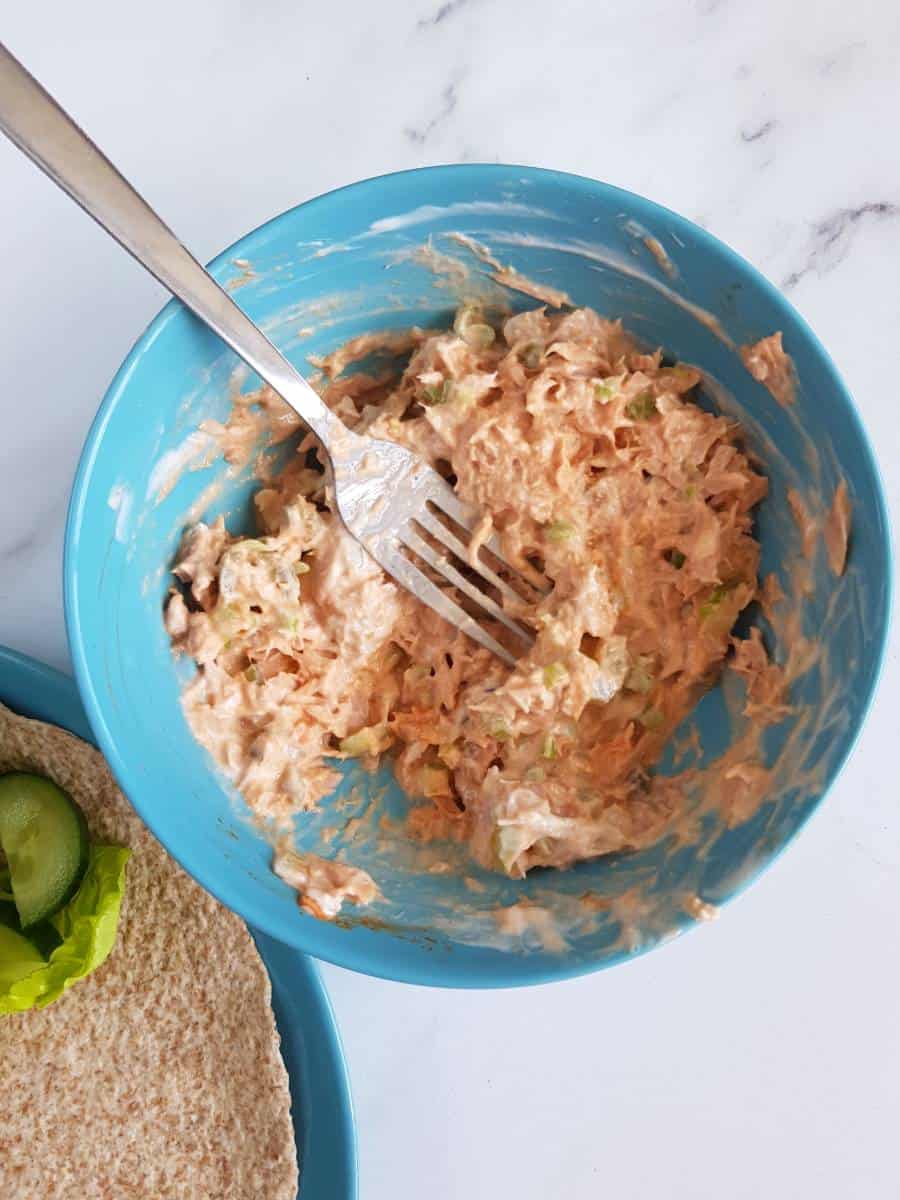 Tuna Greek yogurt salad in a bowl.