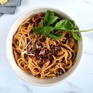 Vegan bolognese with mushrooms and lentils.